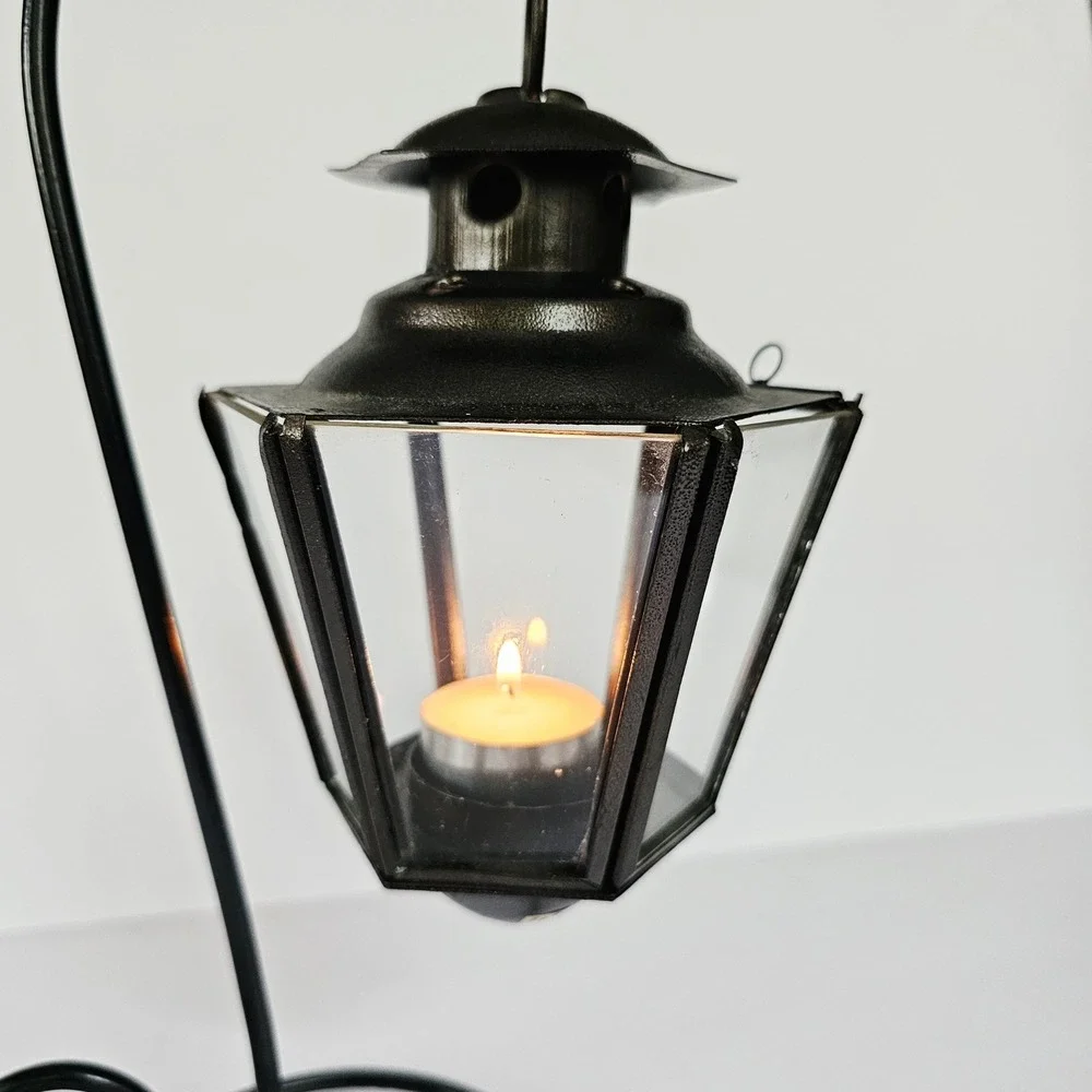 Vintage Indian Hanging Glass Lantern Black Metal Stand Gothic Witchy Home Decor